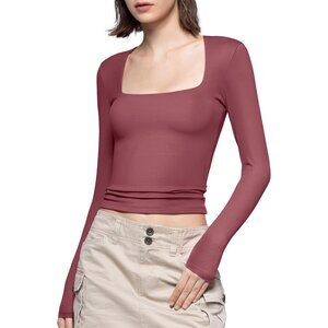Women's Marsala Square Neck Long Sleeve T Shirts Slim Fit Tops Collection